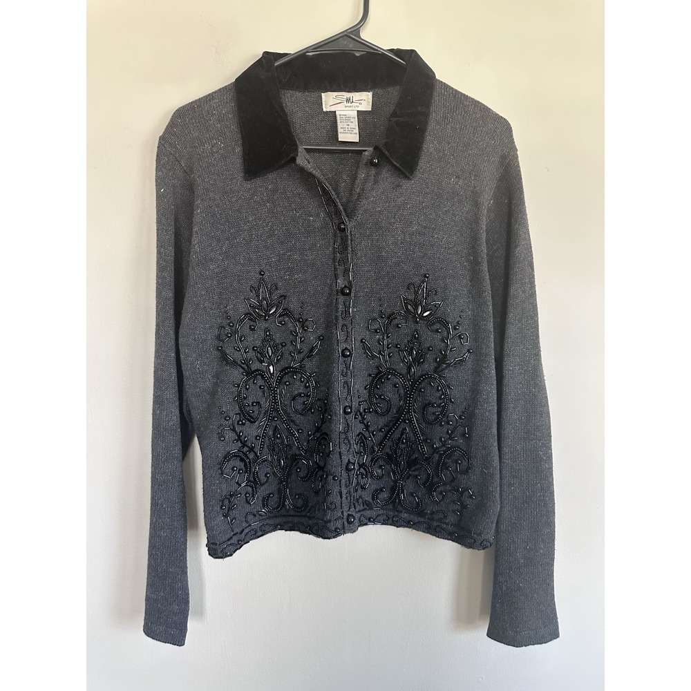 Vintage Embroidered‎ Beaded Velvet Collared Cardigan Ramie/Cotton Grunge Goth